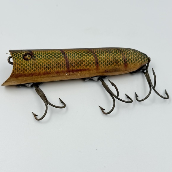 Heddon Other - Vintage Heddon Lucky 13 Wooden Fishing Lure Green Scale Red Mouth 1940s Original